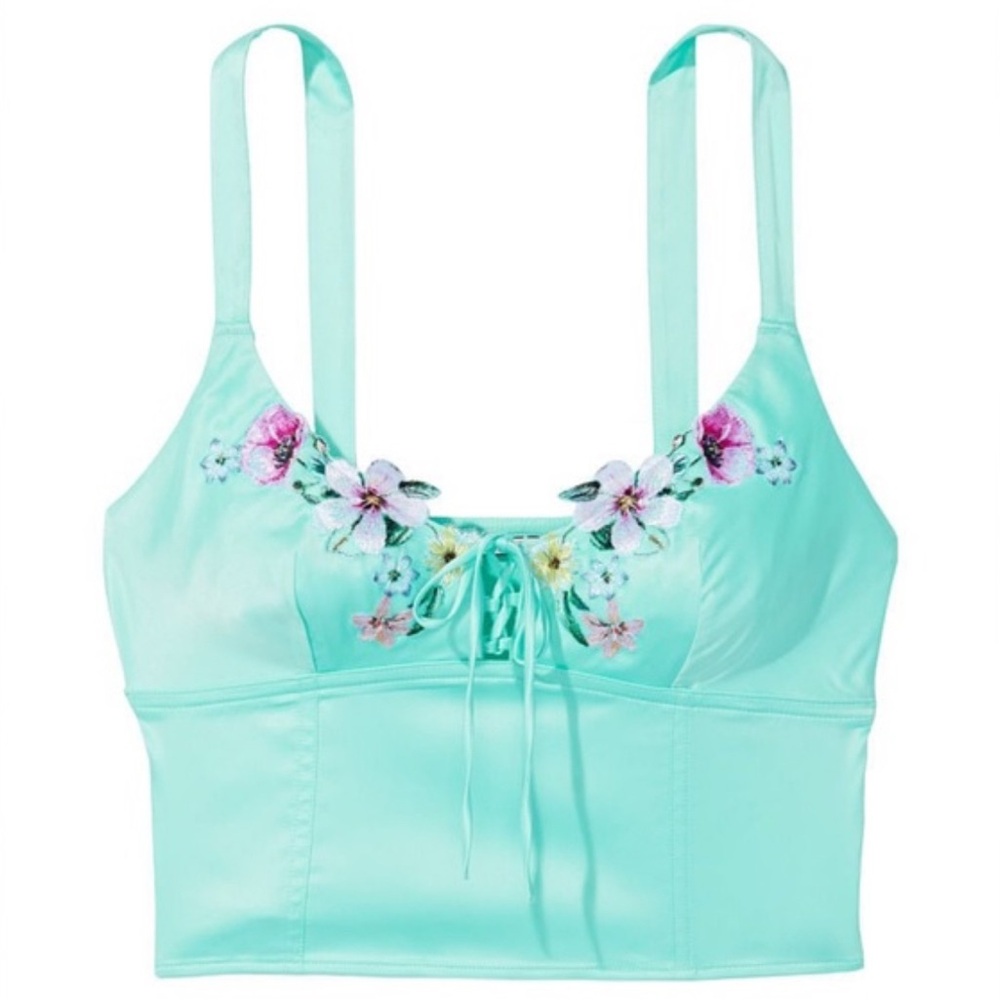 Victoria Secret Floral Embroidered Aqua Corset Top Bralette - Picture 1 of 6